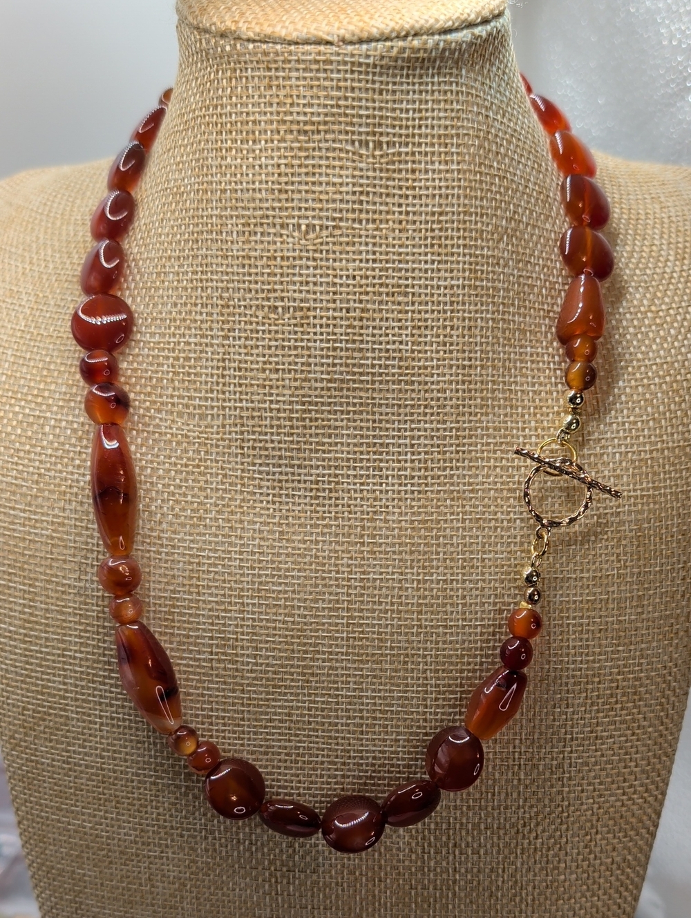 Genuine Carnelian Beaded Necklace in Rich Amber Red